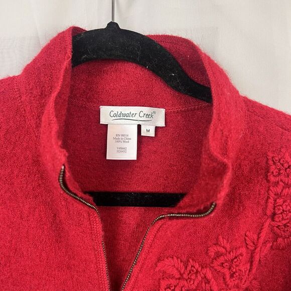 Coldwater Creek 100% wool zip up jacket womens MD cherry red embroidered winter - Picture 2 of 9
